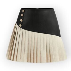 Commense Leather Pleated Mini Skirt Black Linen Gold Button S - Parisian Chic